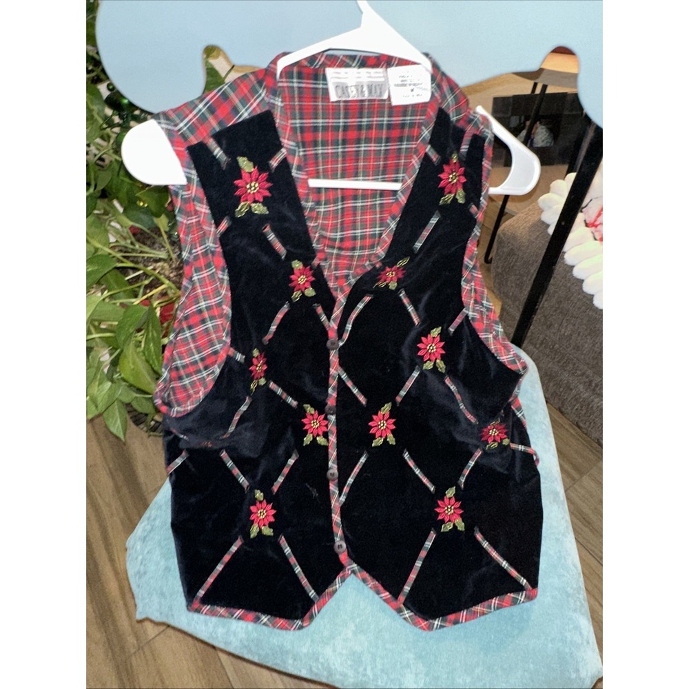 VTG Holiday Sweater Vest Casey & Max Women's Sz M poinsettia Christmas